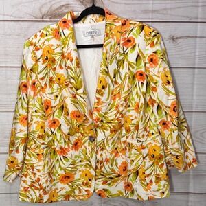 Kasper Womens 18W Floral Blazer Orange Yellow Green Single Button Jacket